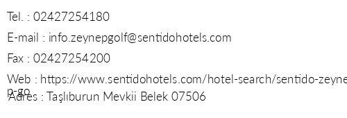 Sentido Zeynep Golf & Spa telefon numaralar, faks, e-mail, posta adresi ve iletiim bilgileri